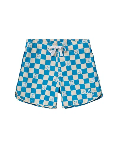 Seaesta Surf Kids' X Peanuts Turquoise Checkerboard Boardshorts In Blue