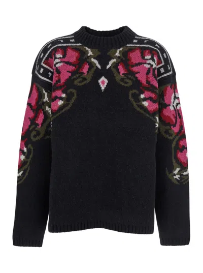 SEAFARER BLACK CREW NECK SWEATER WITH FLORAL MOTIF IN WOOL WOMAN