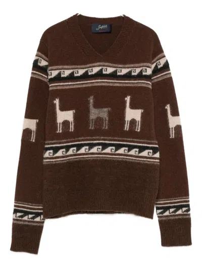 Seafarer Llama-pattern V-neck Sweater In Brown