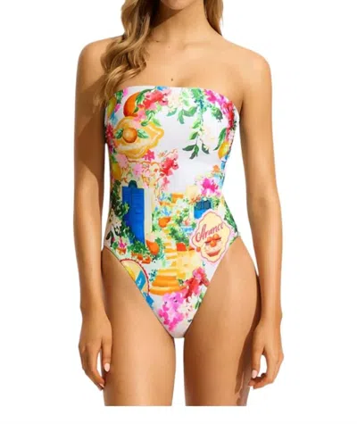 Seafolly Bandeau Postcard Print One Piece In White Multi