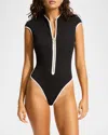 Seafolly Cap Sleeve Colorblock Zip-up One-piece Swimsuit In Black
