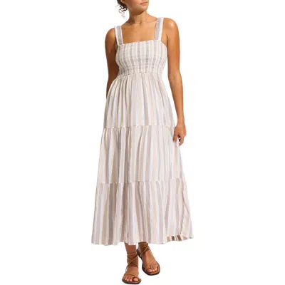 Seafolly Beach Edit Embroidered Tiered Smocked Cotton Cover-up Maxi Dress In Multi