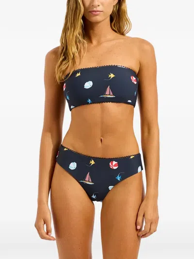 Seafolly Beachclub Retro Graphic-print Bandeau Bottom In Blue