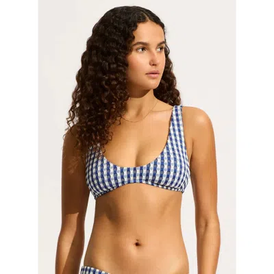Seafolly Bella Bikini Top Women's Ultramarine Check Longline Swimwear Jzz10 In Blue