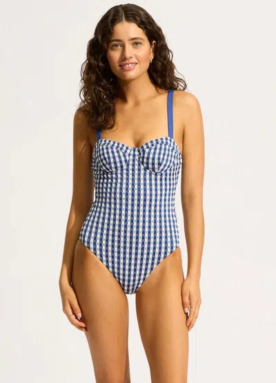 SEAFOLLY BELLA SWIMSUITS WOMEN'S BLUE WHITE CHECK UNDERWIRE ONE-PIECE NWO148