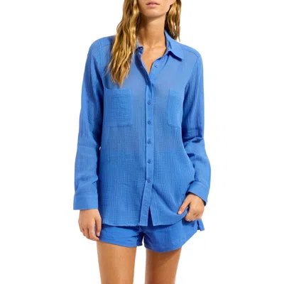 Seafolly Breeze Beach Button-up Cotton Gauze Cover-up Shirt In Blue