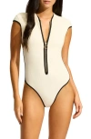 Seafolly Cap Sleeve Colorblock Zip-up One-piece Swimsuit In Neutral