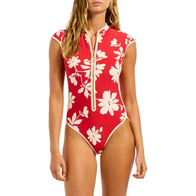 Seafolly Cap Sleeve Zip Front One-piece Swimsuit In Red