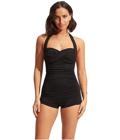 SEAFOLLY COLLECTIVE BOYLEG SWIMSUIT WOMEN'S BLACK RUCHED ONE PIECE BUU452