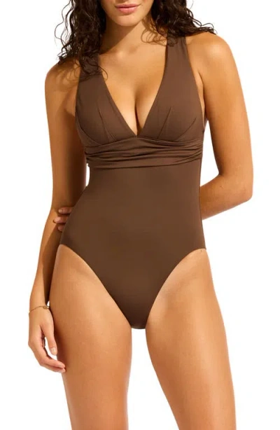 Seafolly Collective Crisscross One-piece Swimsuit In Brown
