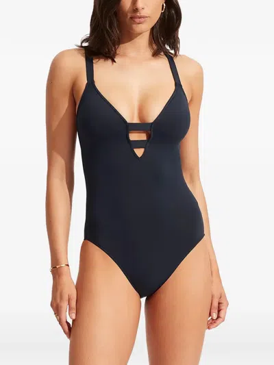 Seafolly Collective Deep V Cut-out Strappy-back Swimsuit In Blue