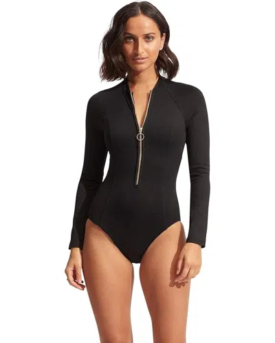 SEAFOLLY COLLECTIVE SURFSUIT WOMENS BLACK ZIP FRONT SWIMSUITS ONE PIECE NWO84