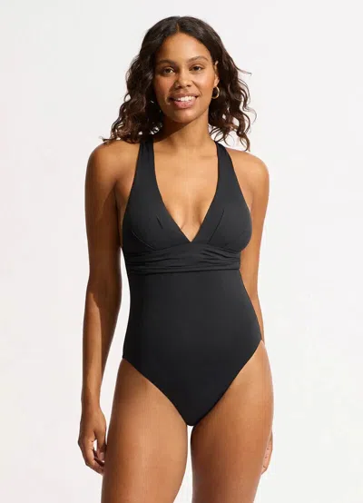 Seafolly Collective Swimsuit Womens 14 Black Stretch Cross-back One Piece Erk499 In Blue