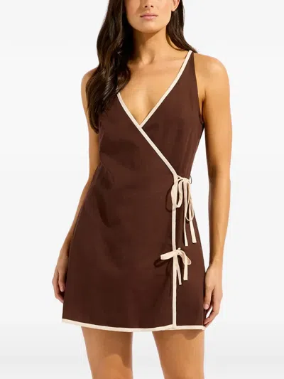 Seafolly Contrast-trim Wrap Mini Dress In Brown