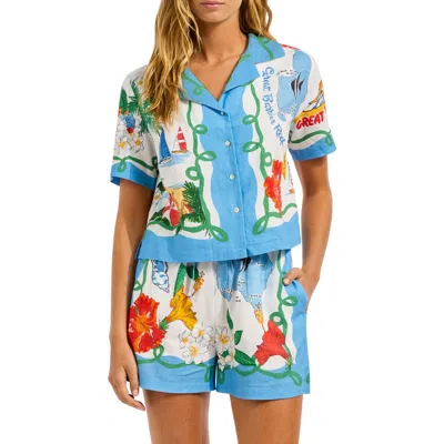Seafolly Crop Linen Blend Button-up Cover-up Shirt In Blue