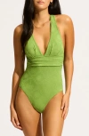 Seafolly Cross Back One-piece Swimsuit In Sage In Sage