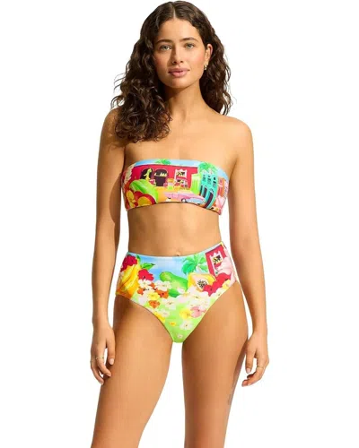 Seafolly Cuba Bikini Bottom Women's Turquoise Tropical High Waisted Red237 In Multi