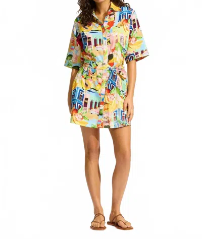 Seafolly Cuba Print Mini Shirt Dress In Turquoise In Yellow