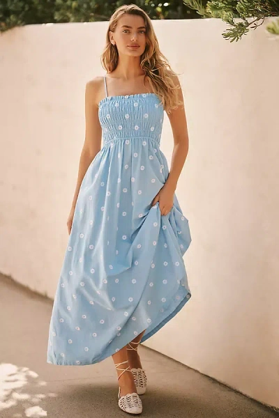 Seafolly Daisy Chain Linen Blend Shirred Maxi Dress In Blue