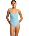 Seafolly Daydreamer Swimsuit Women Powder Blue Stretch V-neck One-piece Red272 In Blue