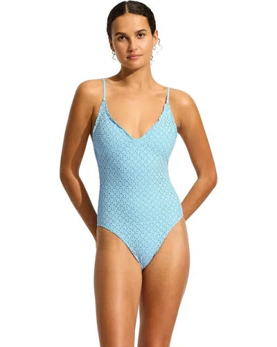 SEAFOLLY DAYDREAMER SWIMSUIT WOMEN POWDER BLUE STRETCH V-NECK ONE-PIECE RED320