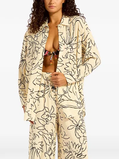 Seafolly Floral-print Long-sleeve Shirt In Neutral
