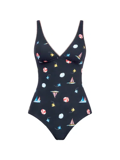 Seafolly Geometric-print Scalloped Swimsuit In Blue