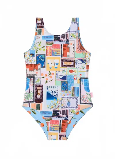 Seafolly Kids' Girl's On Vacation Reversible One Piece Swimsuit In Azure In Multi