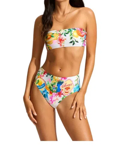 Seafolly High Waisted Bandeau Postcard Print Bikini In White Multi