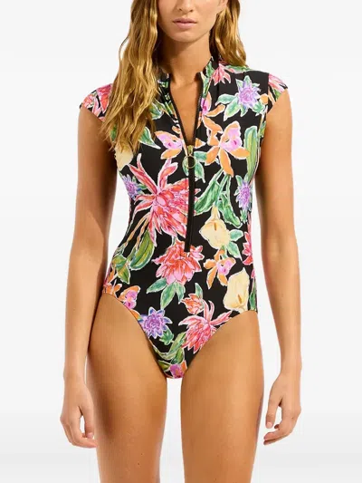 Seafolly Hothouse Floral-print Cap-sleeve Swimsuit In Multi