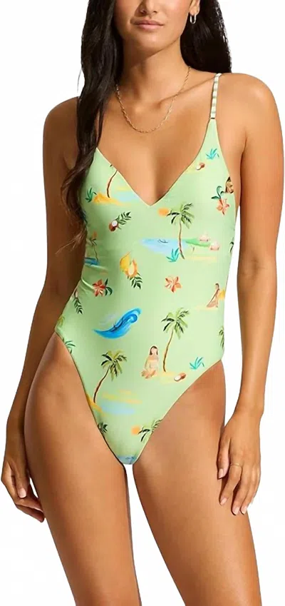 Seafolly Isla Palm V Neck One Piece In Sage In Multi