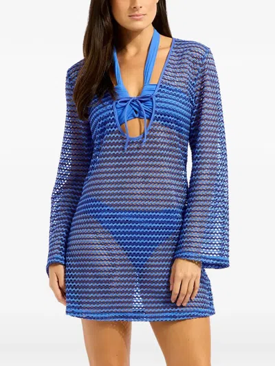 Seafolly Kacrochet-knit V-neck Beachwear In Blue