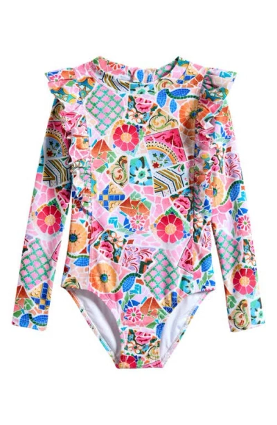Seafolly Kids' Beach Boheme Long Sleeve One-piece Rashguard Swimsuit In Pink