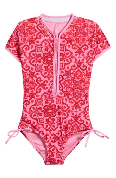 Seafolly Kids' Capri Tile Short Sleeve Upf50+ One-piece Rashguard Swimsuit In Pink