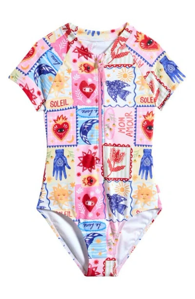 Seafolly Kids' Palermo Short Sleeve One-piece Rashguard Swimsuit In Pink