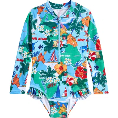Seafolly Kids' Viva Vacation One-piece Rashguard Swimsuit In Blue