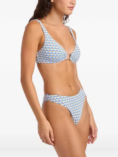 Seafolly Mala Patterned Ring-detail Bikini Top In Blue