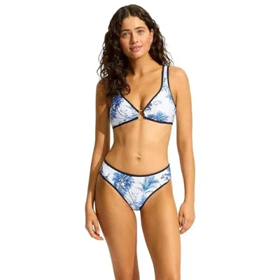 Seafolly Marbella Retro Bikini Bottom Women's Blue Tropical Mid Rise Jzz988 In Multi