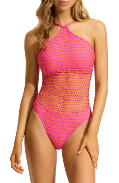 Seafolly Mesh Effect High Neck Dd-cup Underwire One-piece Swimsuit In Hot Pink