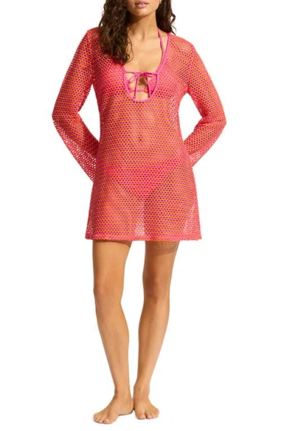 Seafolly Mesh Effect Long Sleeve Cover-up Dress In Hot Pink
