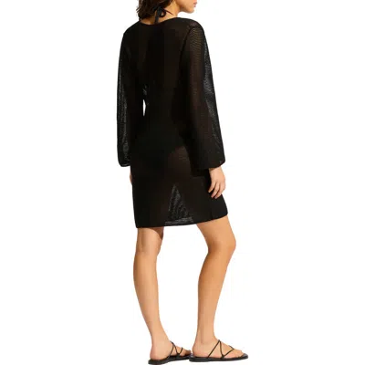 Seafolly Mesh Long Sleeve Cover-up Dress In Black