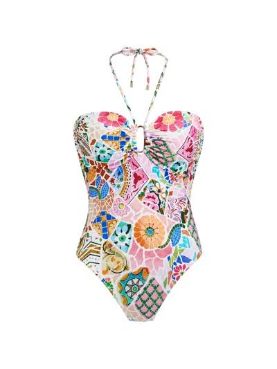 Seafolly Mosaic-print Halterneck Swimsuit In White