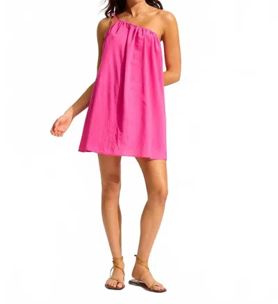 Seafolly One Shoulder Mini Dress In Hot Pink In Blue