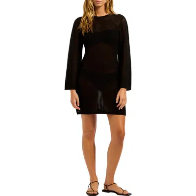 Seafolly Open Back Long Sleeve Sheer Cotton Blend Cover-up Dress In Black