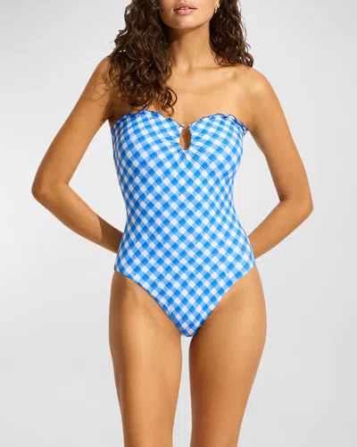 Seafolly Plaid Bandeau One-piece Swimsuit In Azure