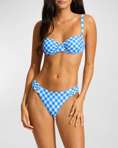 Seafolly Plaid High-leg Ruched Bikini Bottoms In Azure