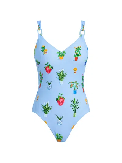 Seafolly Playa Bonita Dd Floral V-neck Swimsuit In Blue