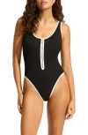 Seafolly Beach Bound Zip-front Retro One-piece Swimsuit In Black