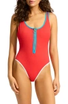 Shop Seafolly Retro Contrast Trim One-piece Swimsuit In Flame