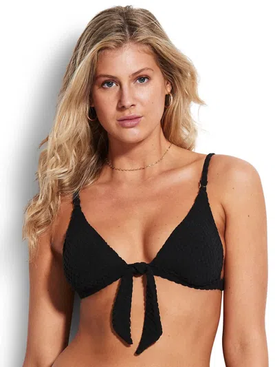 Seafolly Riviera Fixed Tri Top Women 10 Black Textured Tie Front Swimwear Erk275